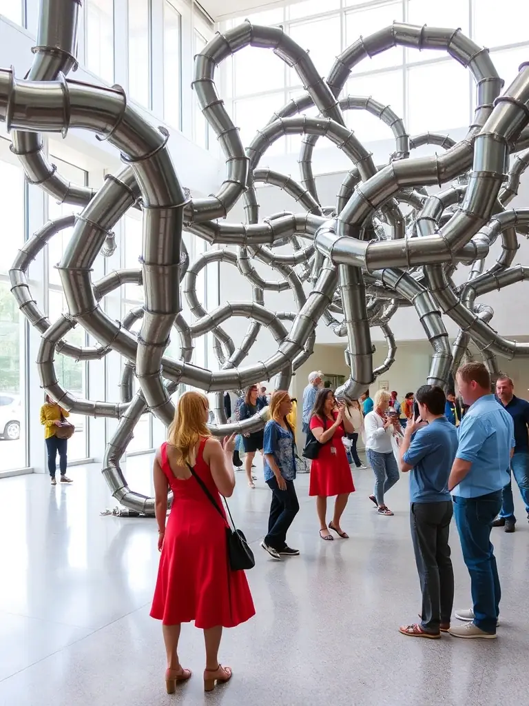 A dynamic image of a public art installation funded by LA PHASE ACTIVE DU PLAN, showcasing the artwork in a public space with people interacting with it.