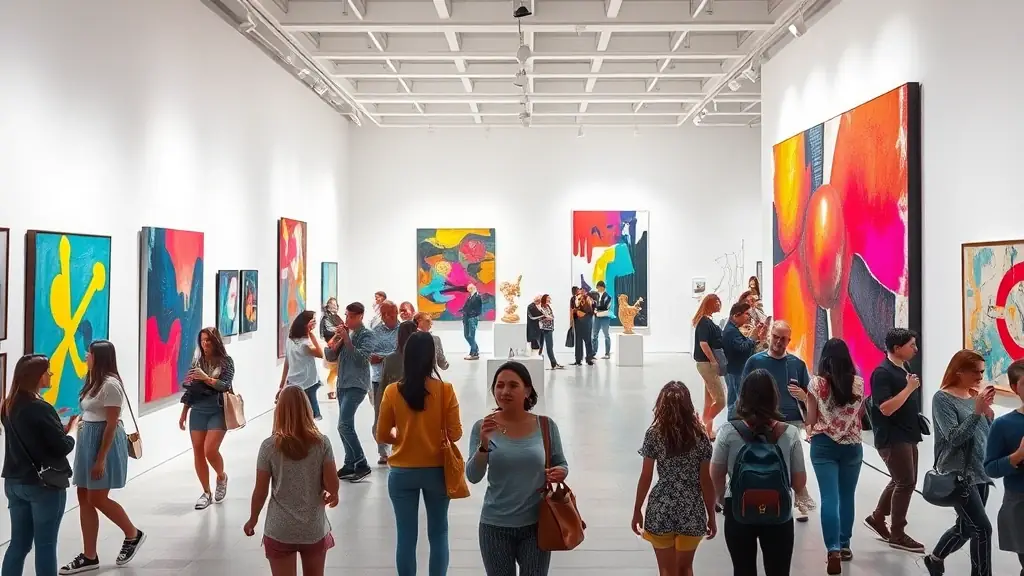 A vibrant art exhibition featuring contemporary paintings and sculptures.