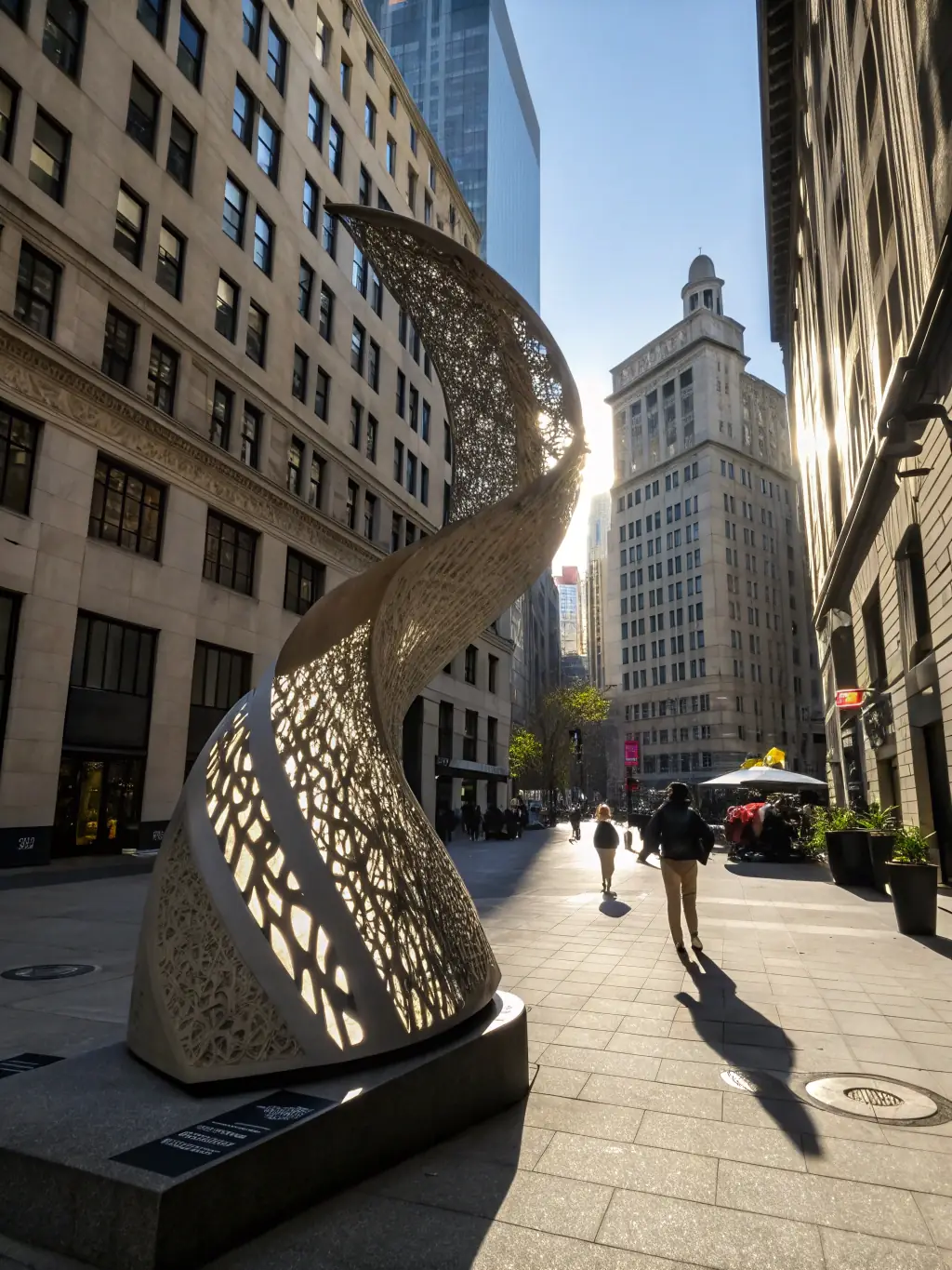 A dynamic photograph of a public art installation funded by LA PHASE ACTIVE DU PLAN, showcasing the artwork in a public space and capturing the interaction of passersby, emphasizing the organization's commitment to public art.