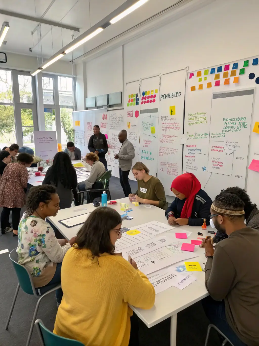 A high-quality image of a community workshop facilitated by LA PHASE ACTIVE DU PLAN, showing participants actively engaged in a creative activity, reflecting the organization's commitment to community involvement.