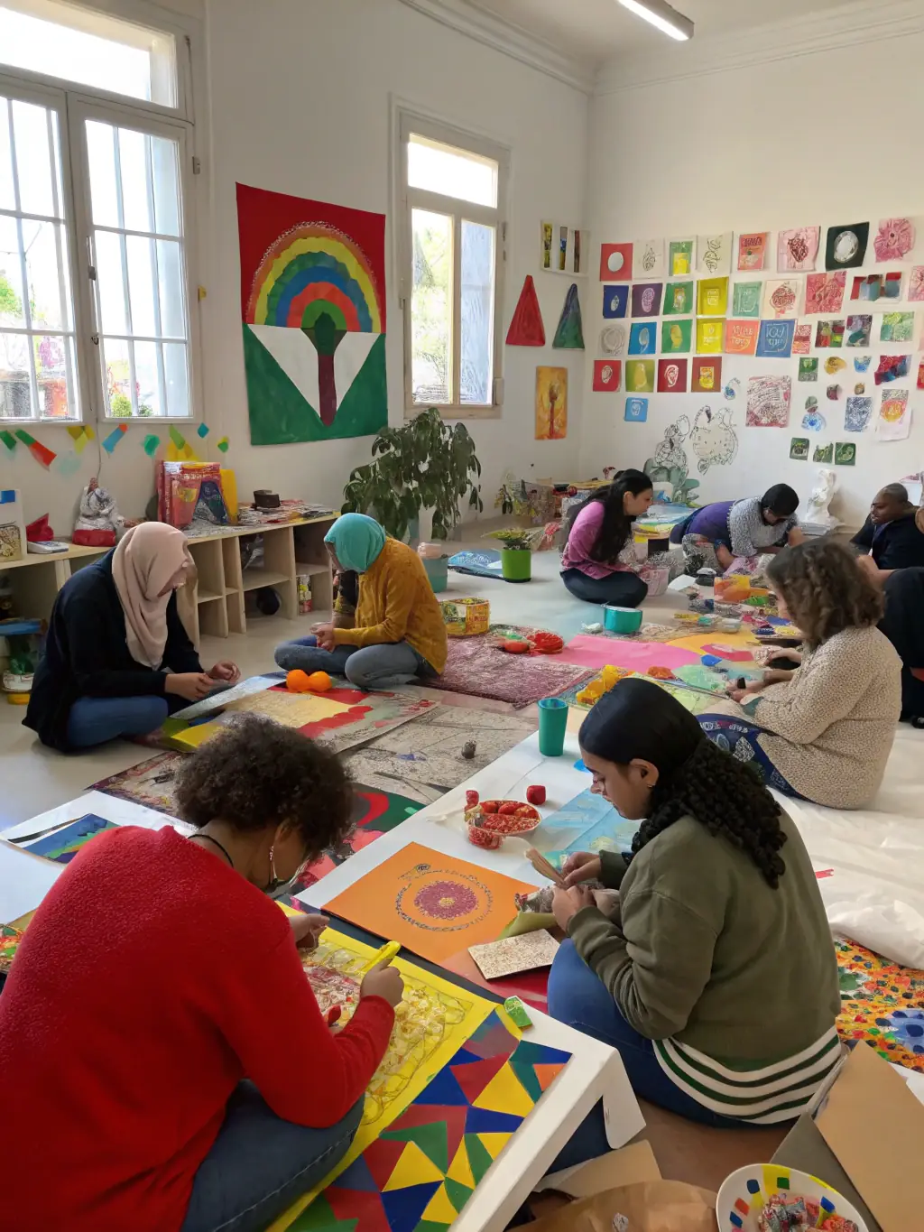 A photograph of a community workshop facilitated by LA PHASE ACTIVE DU PLAN, showing participants actively engaged in a creative activity.