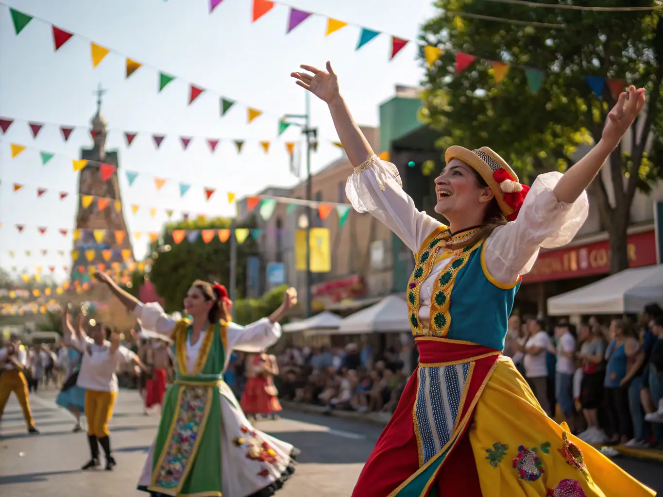 An inspiring image of a diverse group of people participating in a vibrant street performance, showcasing the energy and community engagement fostered by LA PHASE ACTIVE DU PLAN's cultural programs.