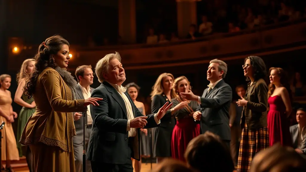 A photograph of a theatrical performance with actors on stage in colorful costumes.